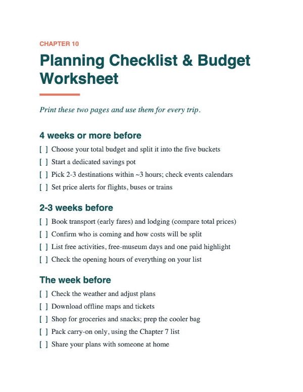 Page 23 of the e-book: the planning checklist, organised from four weeks before to the week before